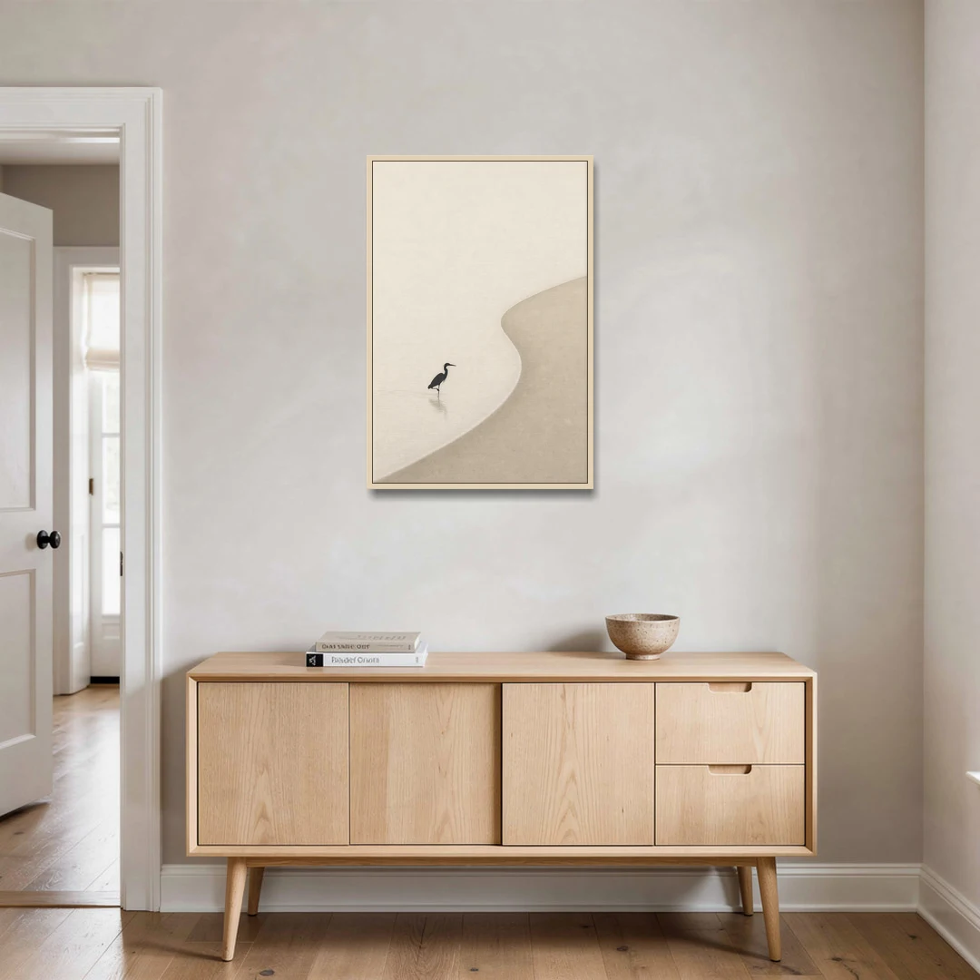 Japanese Minimalist Art of a Heron in the Shallows - Oak Framed Canvas Wall Art - Coffee Table - 24x36