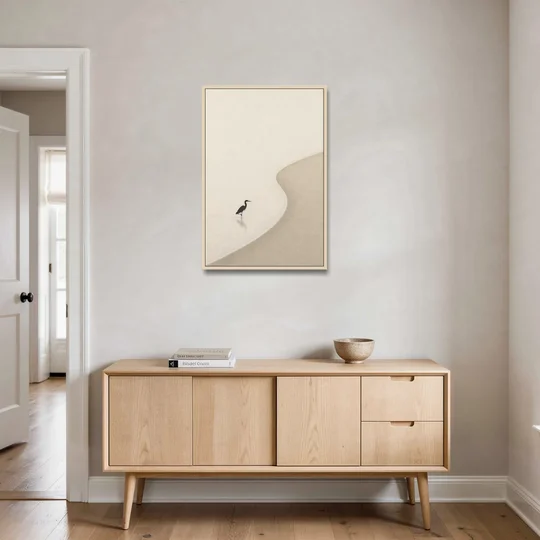 Japanese Minimalist Art of a Heron in the Shallows - Oak Framed Canvas Wall Art - Coffee Table - 24x36