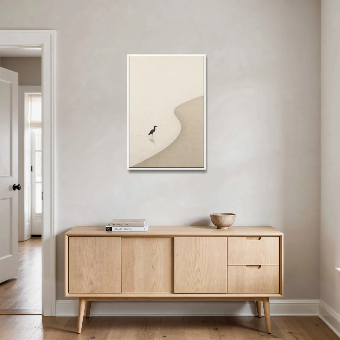 Japanese Minimalist Art of a Heron in the Shallows - White Framed Canvas Wall Art - Coffee Table - 24x36