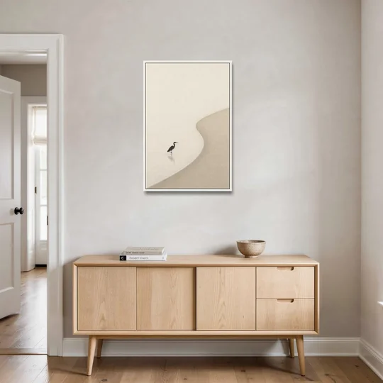 Japanese Minimalist Art of a Heron in the Shallows - White Framed Canvas Wall Art - Coffee Table - 24x36