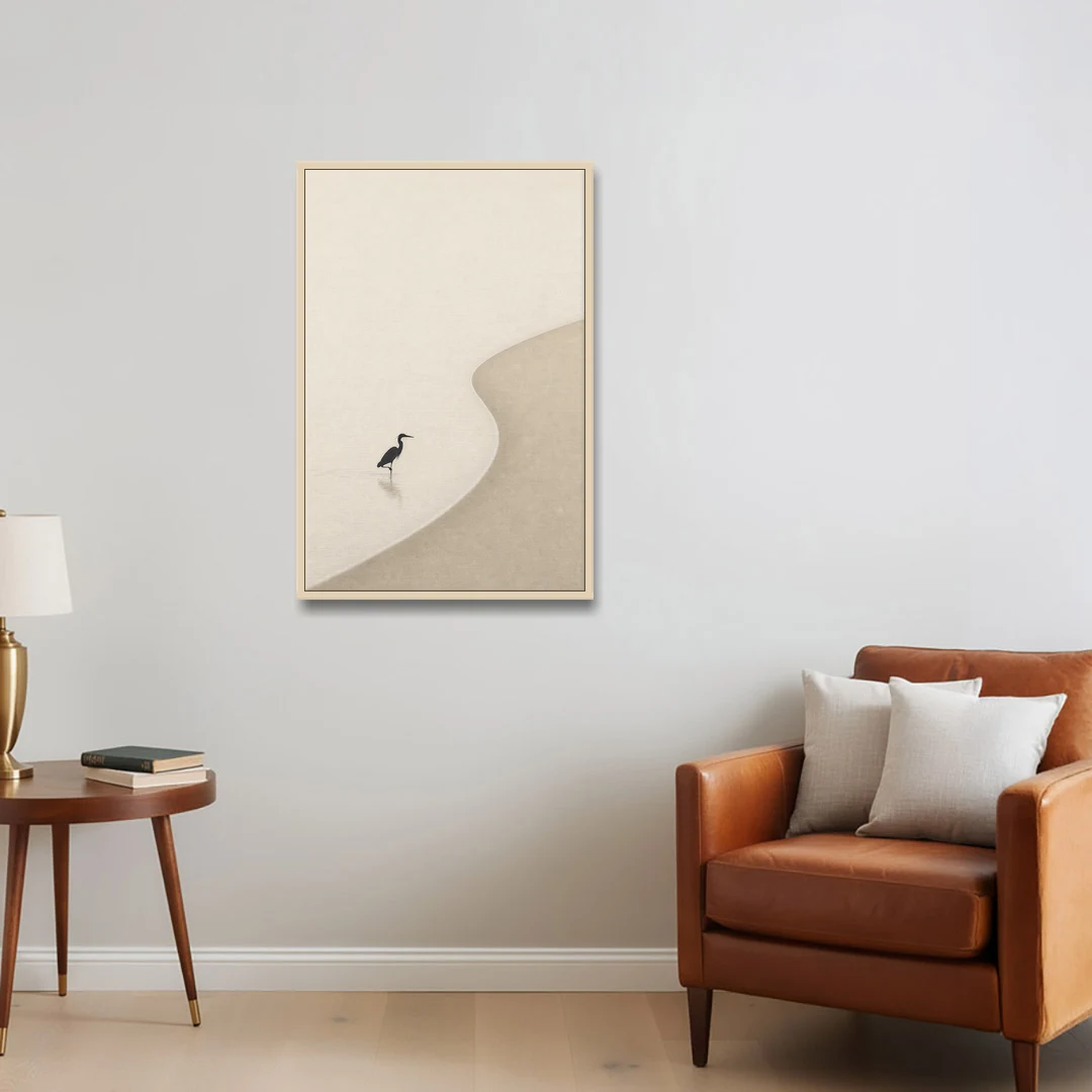 Japanese Minimalist Art of a Heron in the Shallows - Oak Framed Canvas Wall Art - Sofa - 24x36