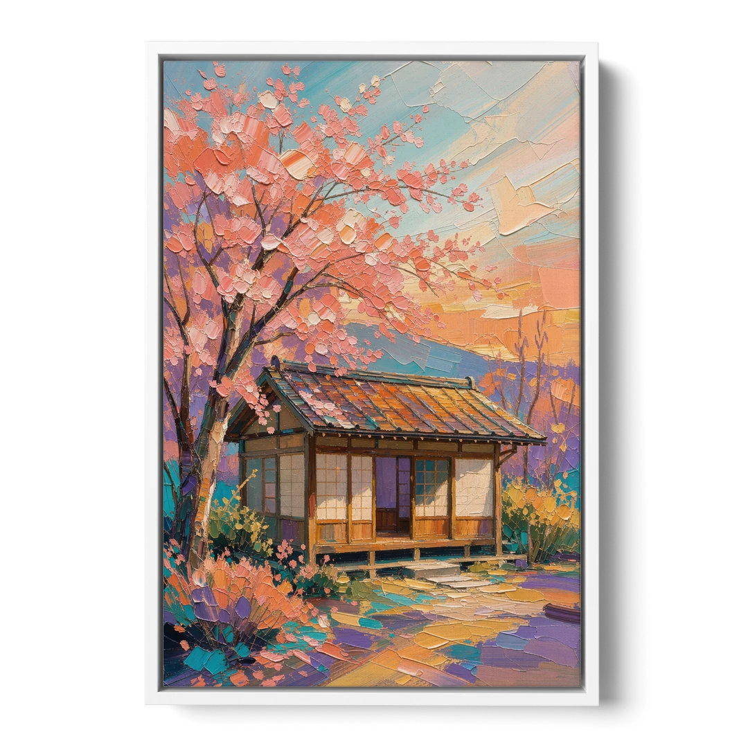 Japanese Teahouse Under Cherry Blossom for the Living Room - White Framed Canvas Wall Art - Front