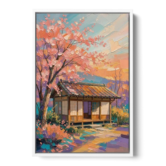 Japanese Teahouse Under Cherry Blossom for the Living Room - White Framed Canvas Wall Art - Front
