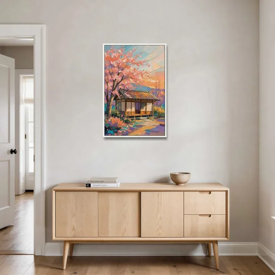 Japanese Teahouse Under Cherry Blossom for the Living Room - White Framed Canvas Wall Art - Coffee Table - 24x36