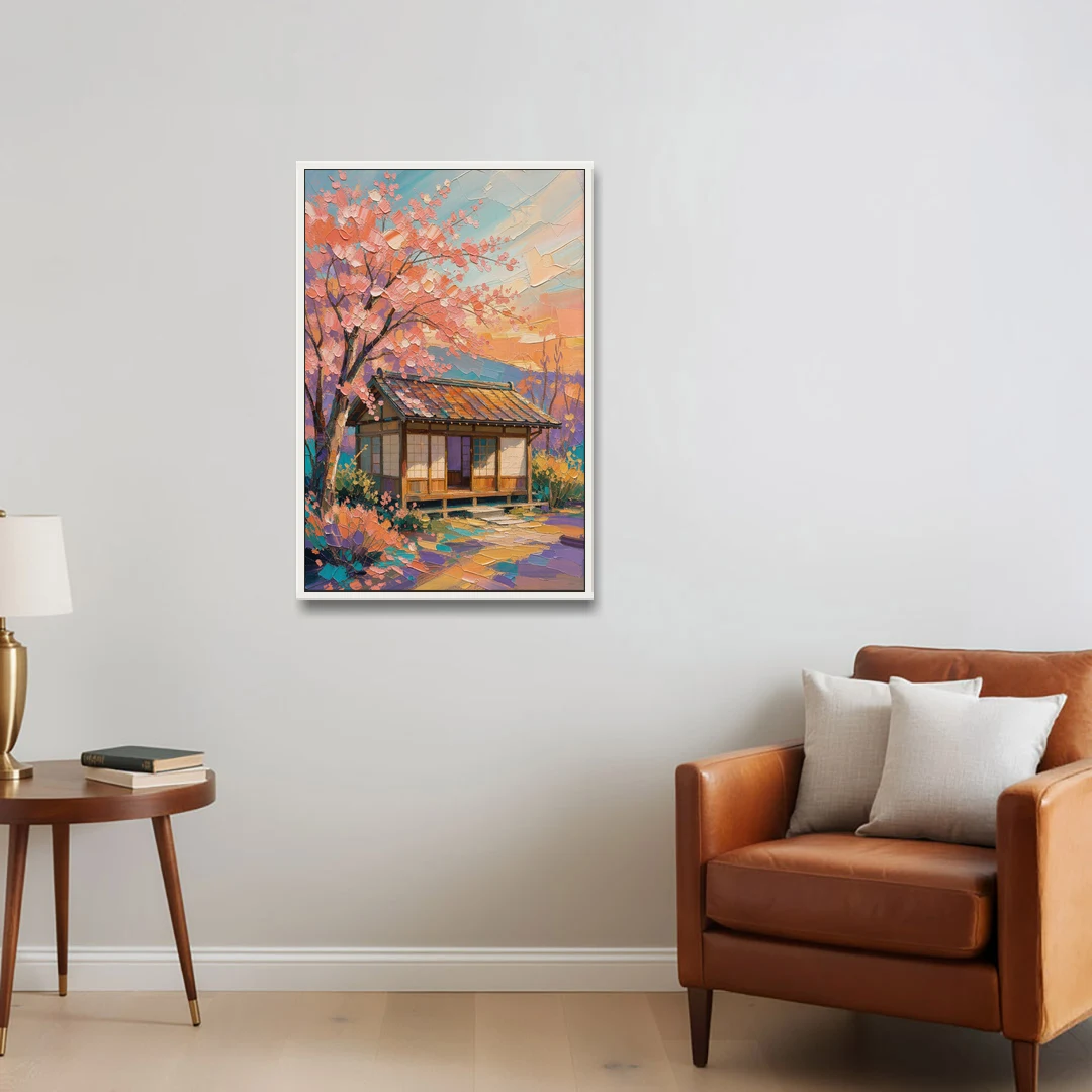 Japanese Teahouse Under Cherry Blossom for the Living Room - White Framed Canvas Wall Art - Sofa - 24x36