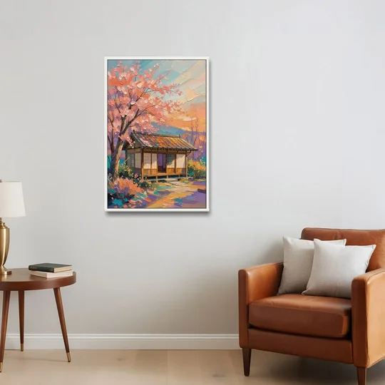 Japanese Teahouse Under Cherry Blossom for the Living Room - White Framed Canvas Wall Art - Sofa - 24x36