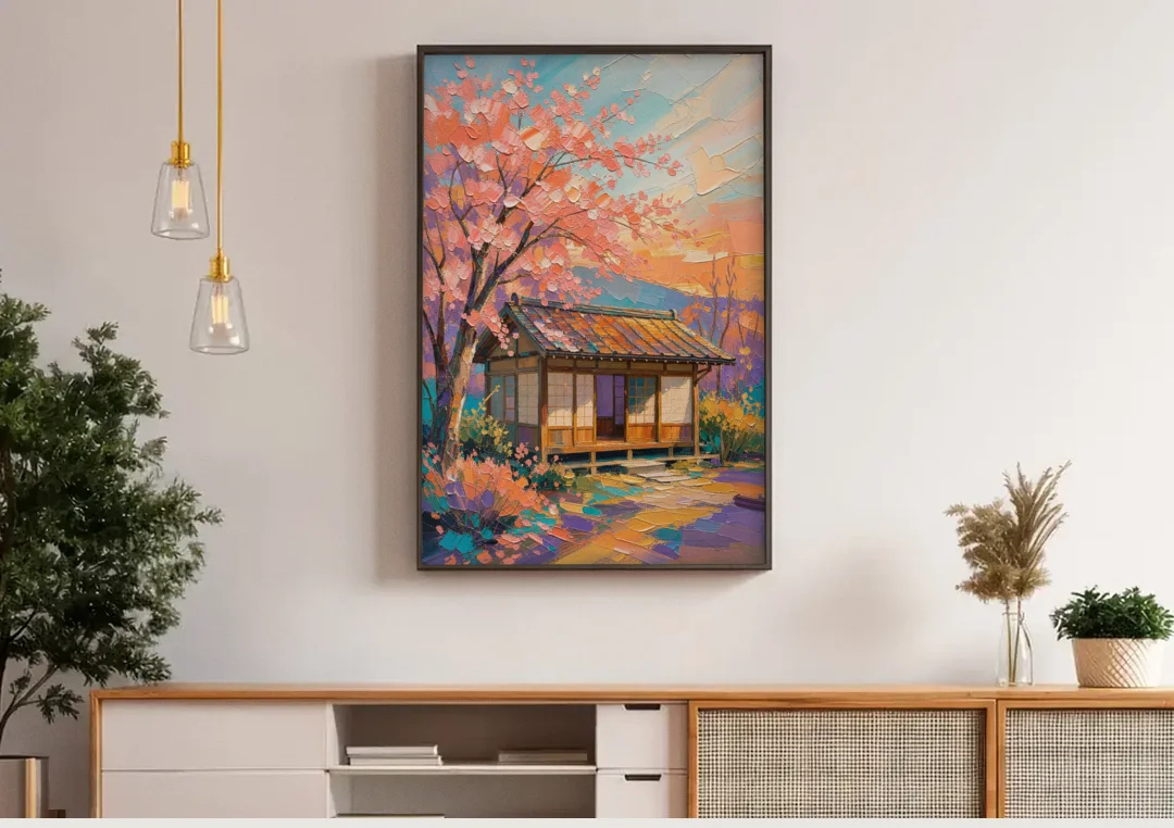 Japanese Teahouse Under Cherry Blossom for the Living Room canvas wall art above a wooden sideboard under pendant lights