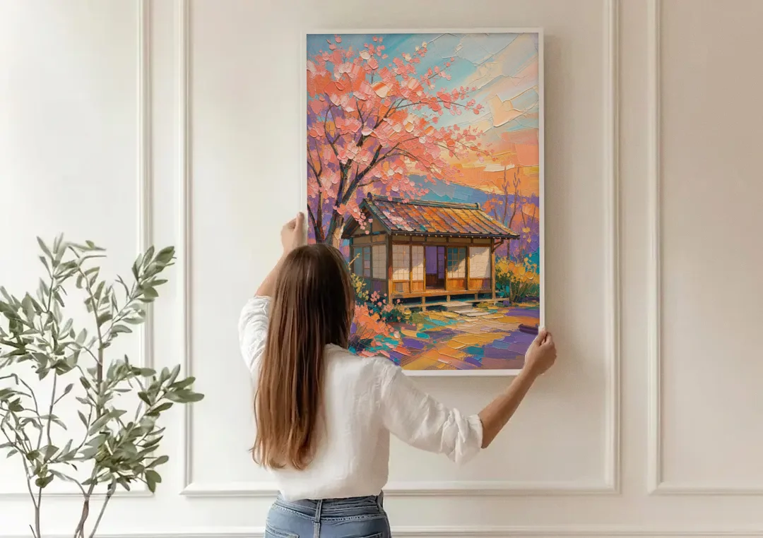 Japanese Teahouse Under Cherry Blossom for the Living Room canvas wall art being hung on a paneled wall