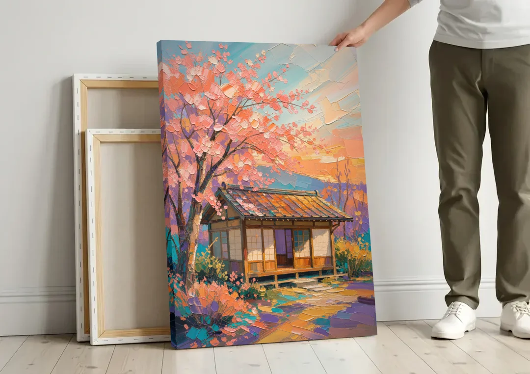 Japanese Teahouse Under Cherry Blossom for the Living Room canvas wall art leaning against a wall next to blank canvases