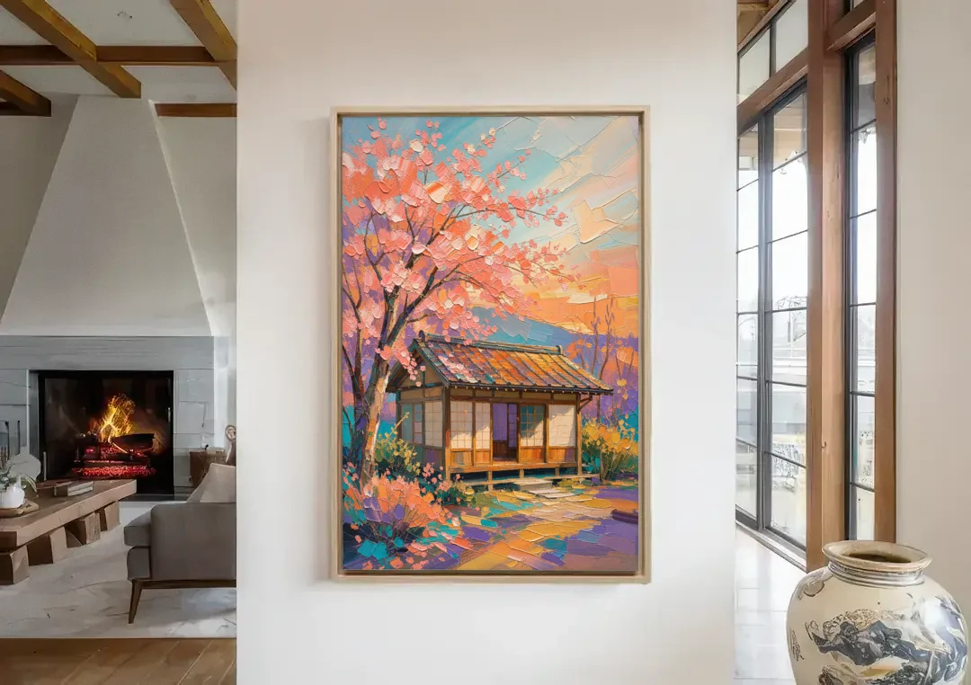 Japanese Teahouse Under Cherry Blossom for the Living Room canvas wall art in a living room with a fireplace