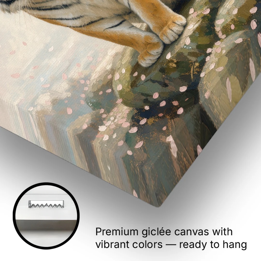 Zen Garden Japanese Tiger Art Beneath Cherry Blossoms - Canvas Wall Art - Gallery Wrap Corner