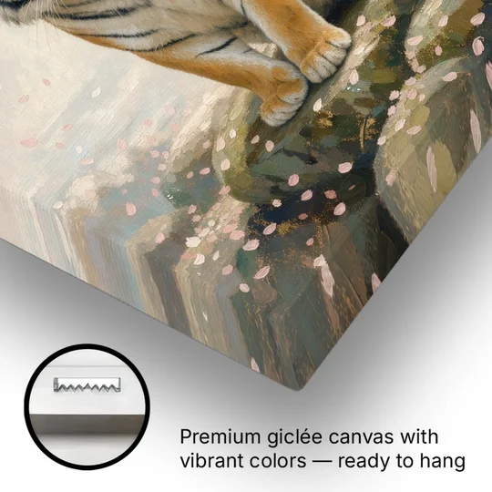 Zen Garden Japanese Tiger Art Beneath Cherry Blossoms - Canvas Wall Art - Gallery Wrap Corner