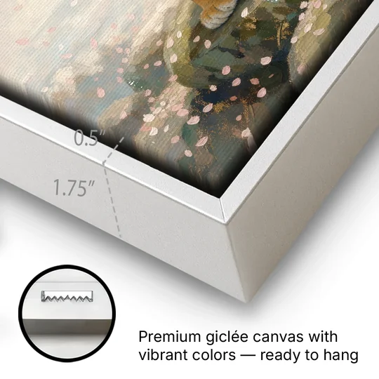 Zen Garden Japanese Tiger Art Beneath Cherry Blossoms - White Framed Canvas Wall Art - Gallery Wrap Corner
