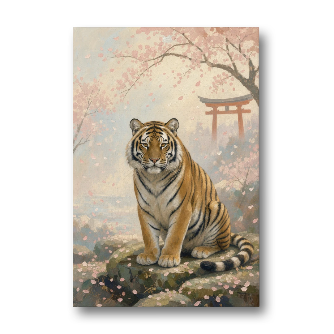 Zen Garden Japanese Tiger Art Beneath Cherry Blossoms - Canvas Wall Art - Front