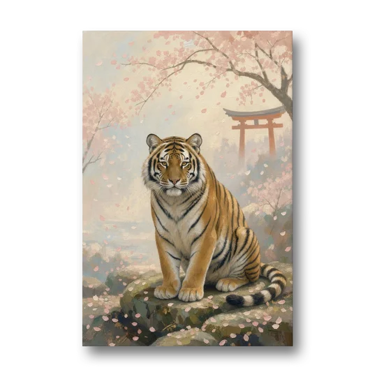 Zen Garden Japanese Tiger Art Beneath Cherry Blossoms - Canvas Wall Art - Front