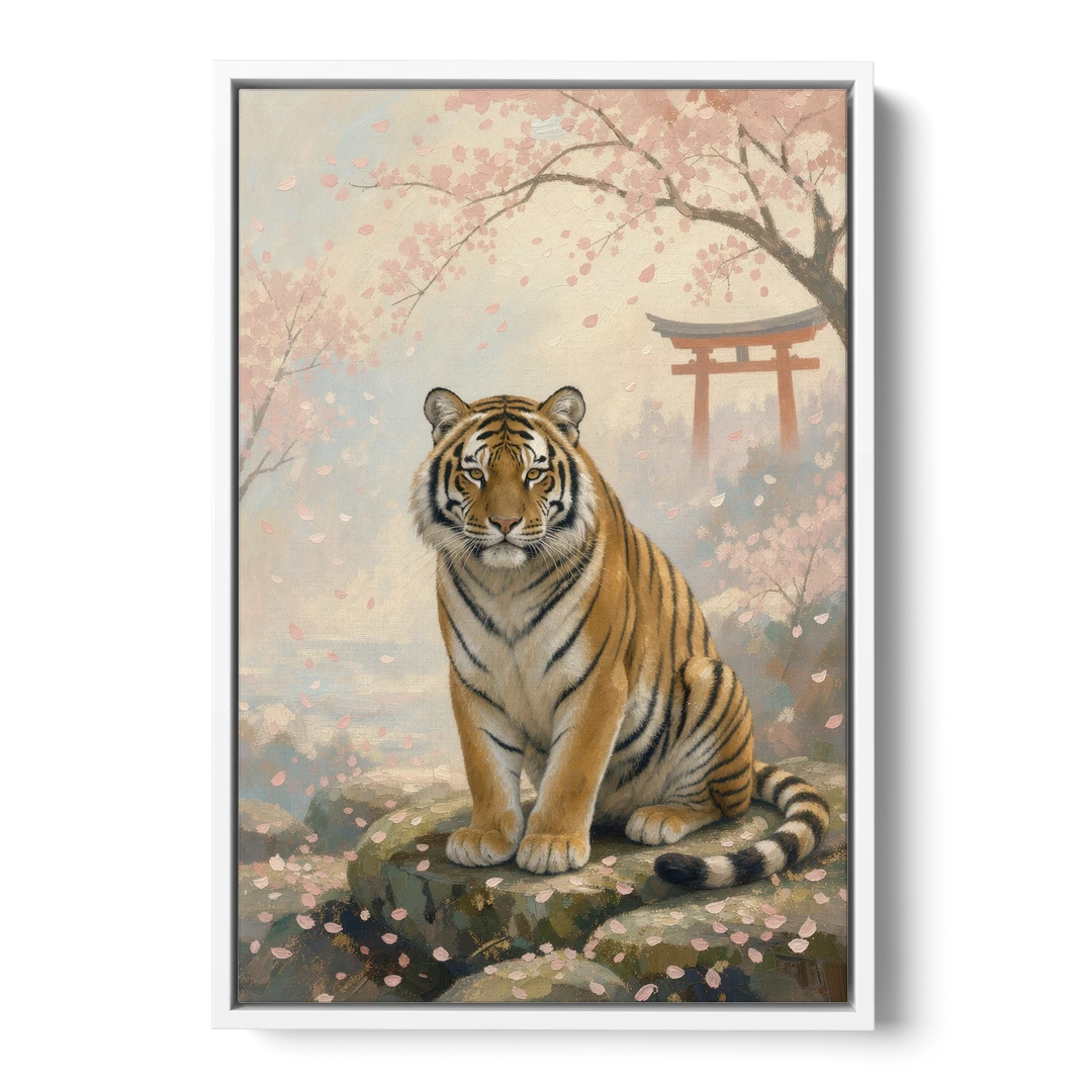 Zen Garden Japanese Tiger Art Beneath Cherry Blossoms - White Framed Canvas Wall Art - Front