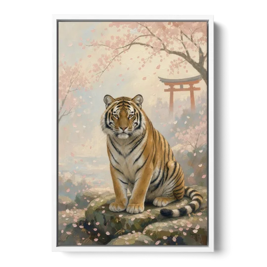 Zen Garden Japanese Tiger Art Beneath Cherry Blossoms - White Framed Canvas Wall Art - Front