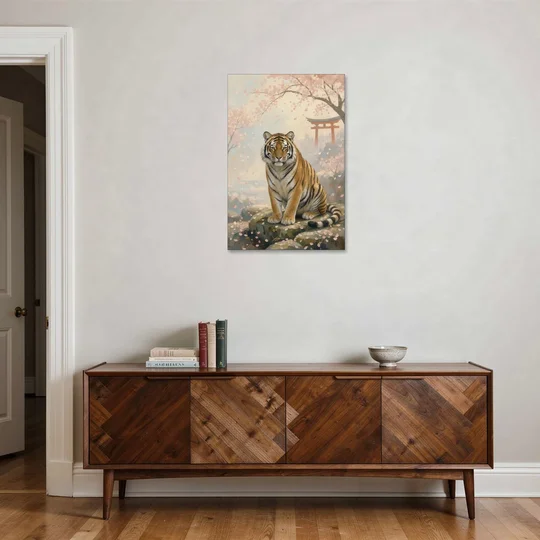 Zen Garden Japanese Tiger Art Beneath Cherry Blossoms - Canvas Wall Art - Coffee Table - 24x36