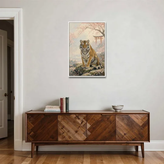 Zen Garden Japanese Tiger Art Beneath Cherry Blossoms - White Framed Canvas Wall Art - Coffee Table - 24x36