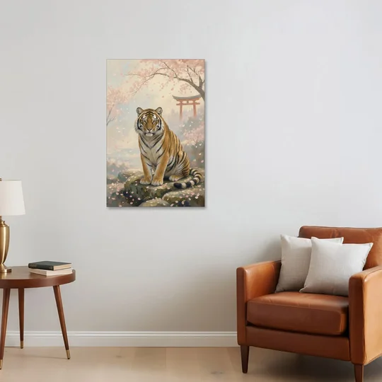 Zen Garden Japanese Tiger Art Beneath Cherry Blossoms - Canvas Wall Art - Sofa - 24x36