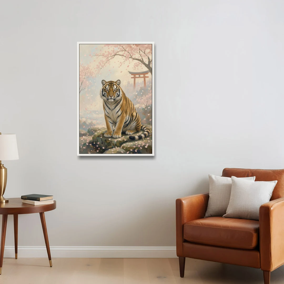 Zen Garden Japanese Tiger Art Beneath Cherry Blossoms - White Framed Canvas Wall Art - Sofa - 24x36