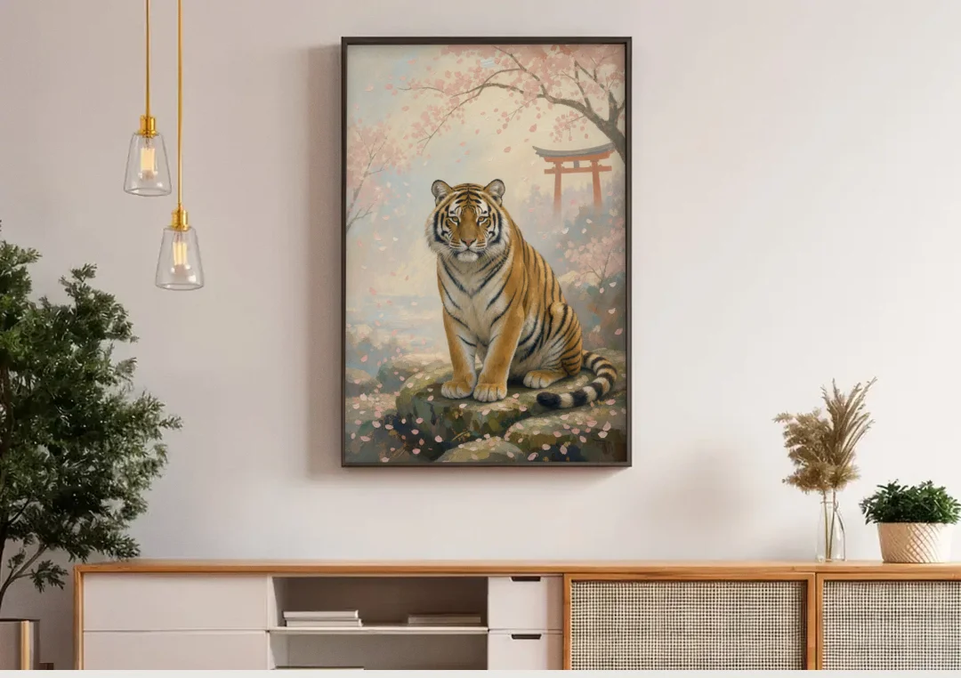 Zen Garden Japanese Tiger Art Beneath Cherry Blossoms canvas wall art above a wooden sideboard under pendant lights