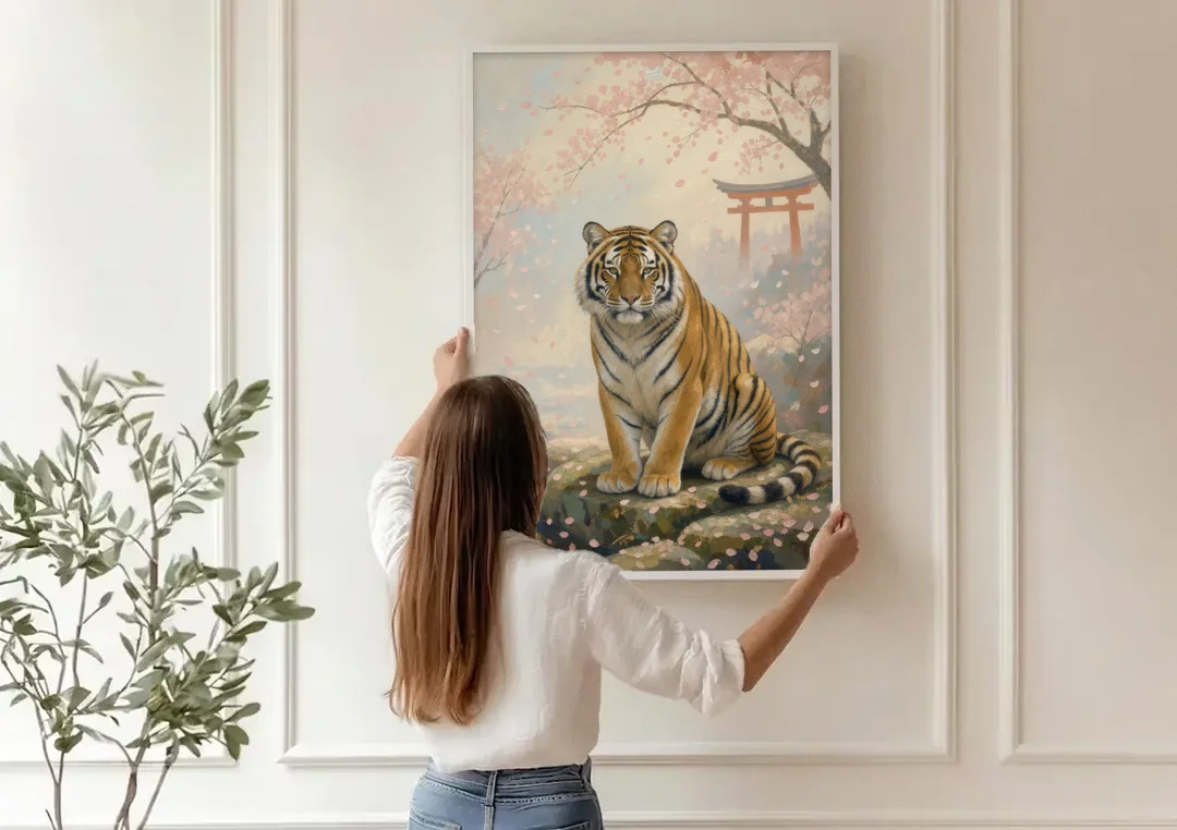 Zen Garden Japanese Tiger Art Beneath Cherry Blossoms canvas wall art being hung on a paneled wall