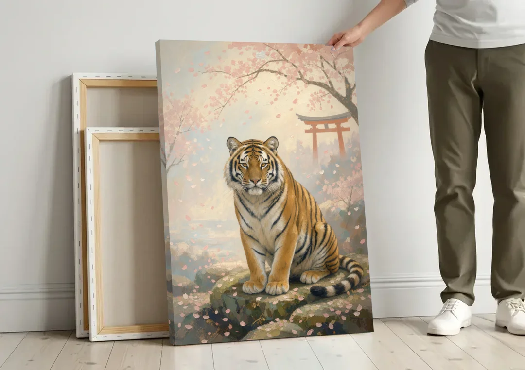 Zen Garden Japanese Tiger Art Beneath Cherry Blossoms canvas wall art leaning against a wall next to blank canvases