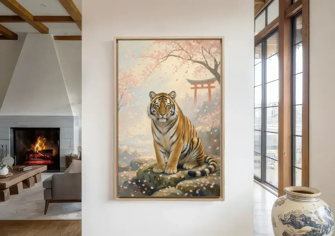 Zen Garden Japanese Tiger Art Beneath Cherry Blossoms canvas wall art in a living room with a fireplace