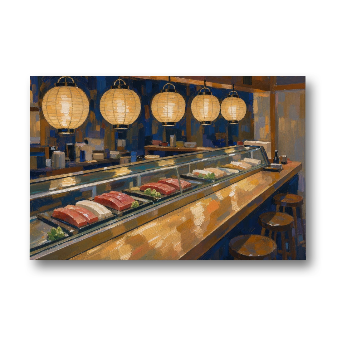 Japanese Wall Art Sushi Counter Under Paper Lanterns - Canvas Wall Art - Front
