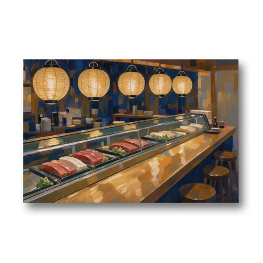 Japanese Wall Art Sushi Counter Under Paper Lanterns - Canvas Wall Art - Front