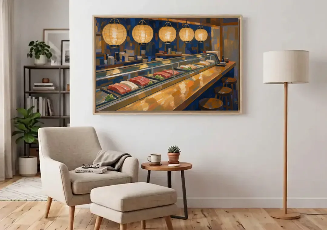 Japanese Wall Art Sushi Counter Under Paper Lanterns canvas wall art above an armchair in a bright living room