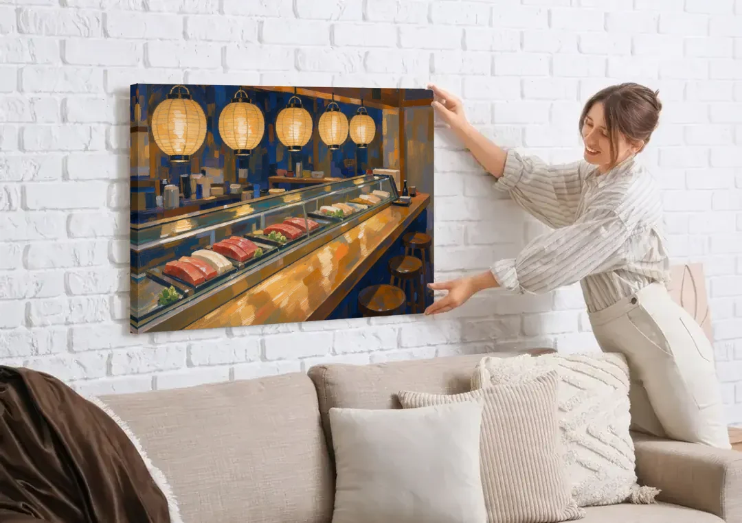 Japanese Wall Art Sushi Counter Under Paper Lanterns canvas wall art being hung on a white brick wall above a sofa