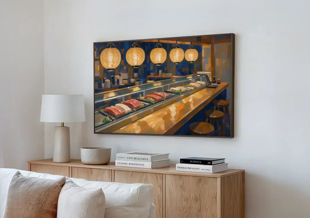 Japanese Wall Art Sushi Counter Under Paper Lanterns canvas wall art above a wooden sideboard next to a sofa