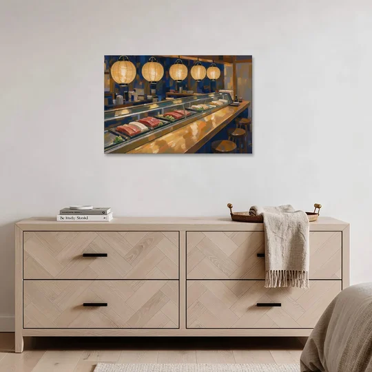 Japanese Wall Art Sushi Counter Under Paper Lanterns - Canvas Wall Art - Coffee Table - 36x24