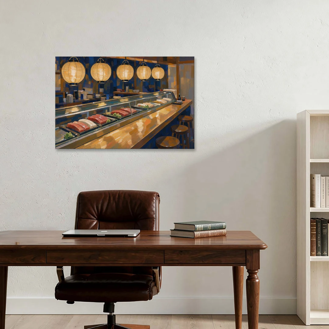 Japanese Wall Art Sushi Counter Under Paper Lanterns - Canvas Wall Art - Office - 36x24