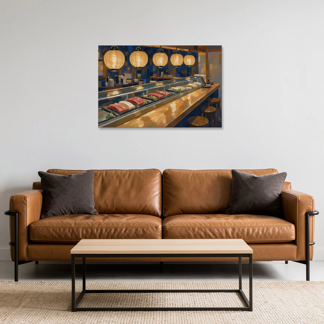 Japanese Wall Art Sushi Counter Under Paper Lanterns - Canvas Wall Art - Sofa - 36x24