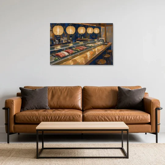 Japanese Wall Art Sushi Counter Under Paper Lanterns - Canvas Wall Art - Sofa - 36x24