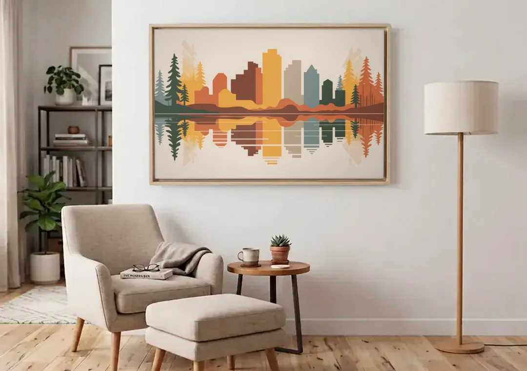 Jasper Autumn Colors canvas wall art above an armchair in a bright living room
