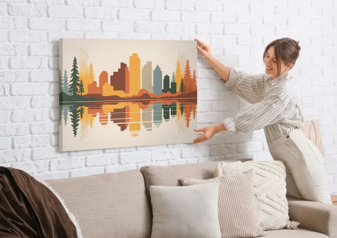 Jasper Autumn Colors canvas wall art being hung on a white brick wall above a sofa
