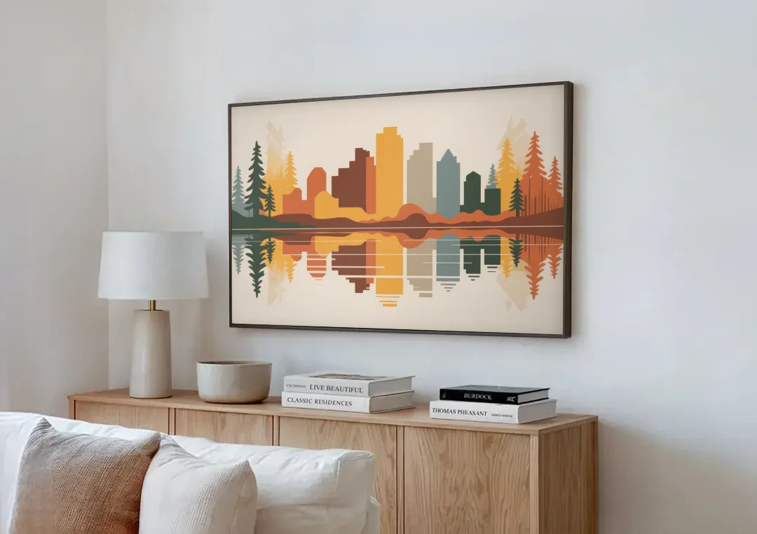 Jasper Autumn Colors canvas wall art above a wooden sideboard next to a sofa