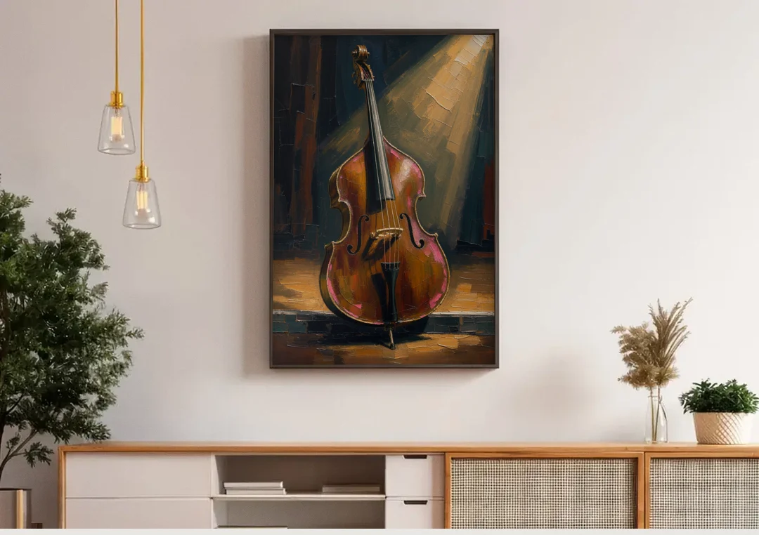 Jazz Club Wall Art with a Lone Double Bass canvas wall art above a wooden sideboard under pendant lights