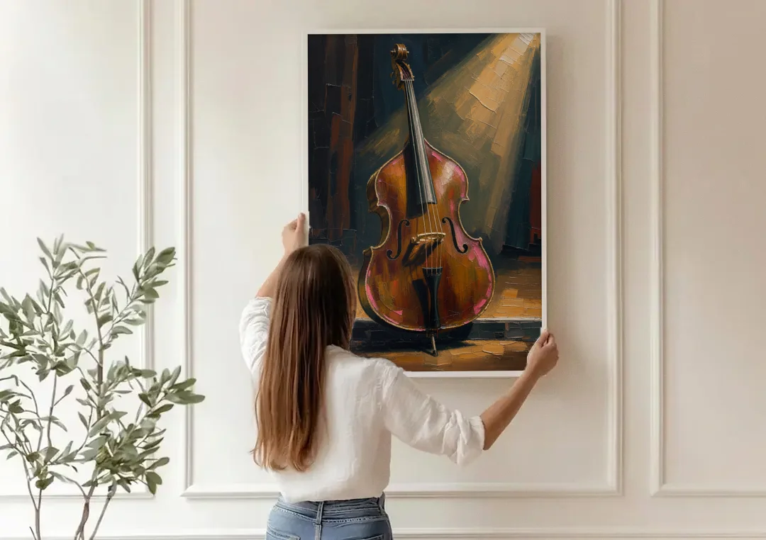 Jazz Club Wall Art with a Lone Double Bass canvas wall art being hung on a paneled wall