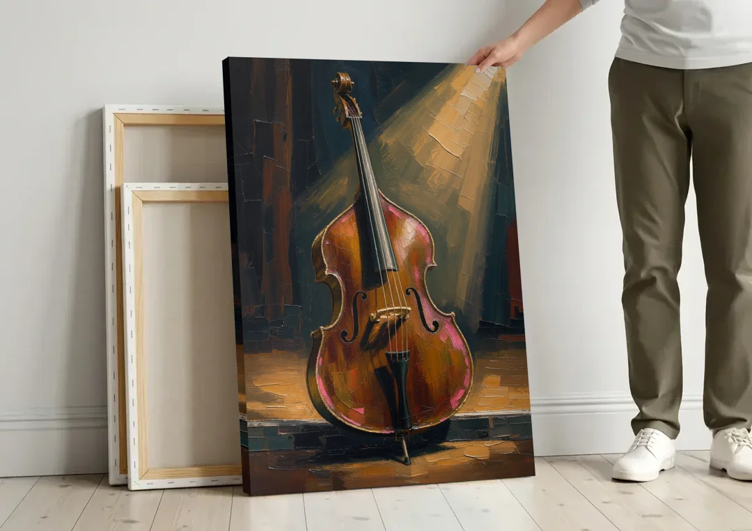 Jazz Club Wall Art with a Lone Double Bass canvas wall art leaning against a wall next to blank canvases
