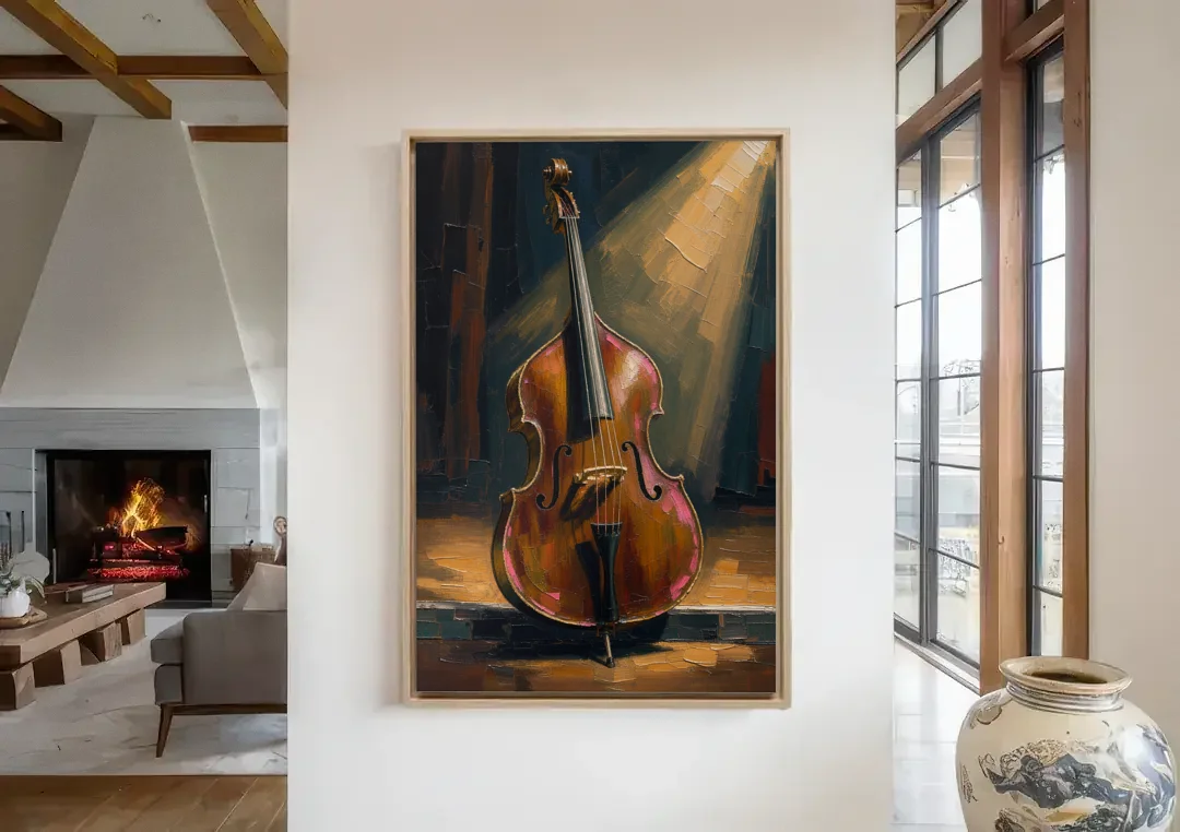Jazz Club Wall Art with a Lone Double Bass canvas wall art in a living room with a fireplace