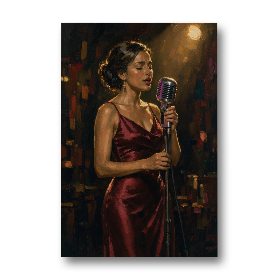 Jazz Wall Art of a Singer in Oxblood Satin - Canvas Wall Art - Front