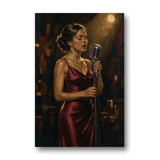Jazz Wall Art of a Singer in Oxblood Satin - Canvas Wall Art - Front