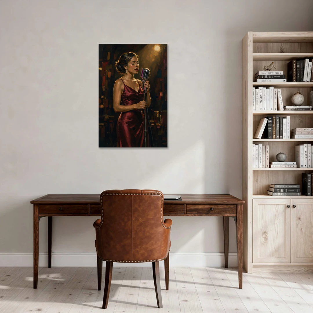 Jazz Wall Art of a Singer in Oxblood Satin - Canvas Wall Art - Office - 24x36