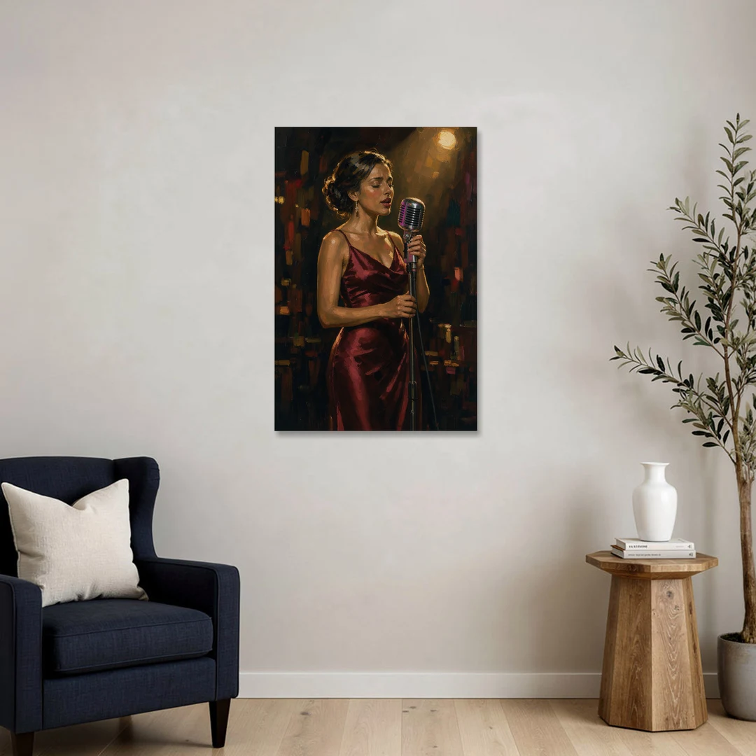 Jazz Wall Art of a Singer in Oxblood Satin - Canvas Wall Art - Sofa - 24x36