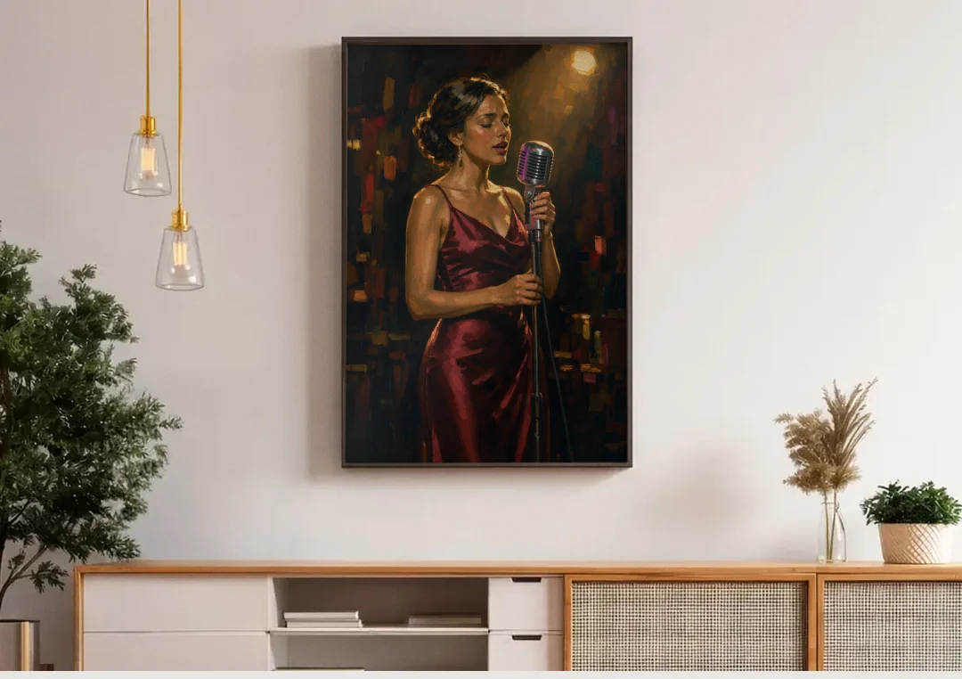 Jazz Wall Art of a Singer in Oxblood Satin canvas wall art above a wooden sideboard under pendant lights